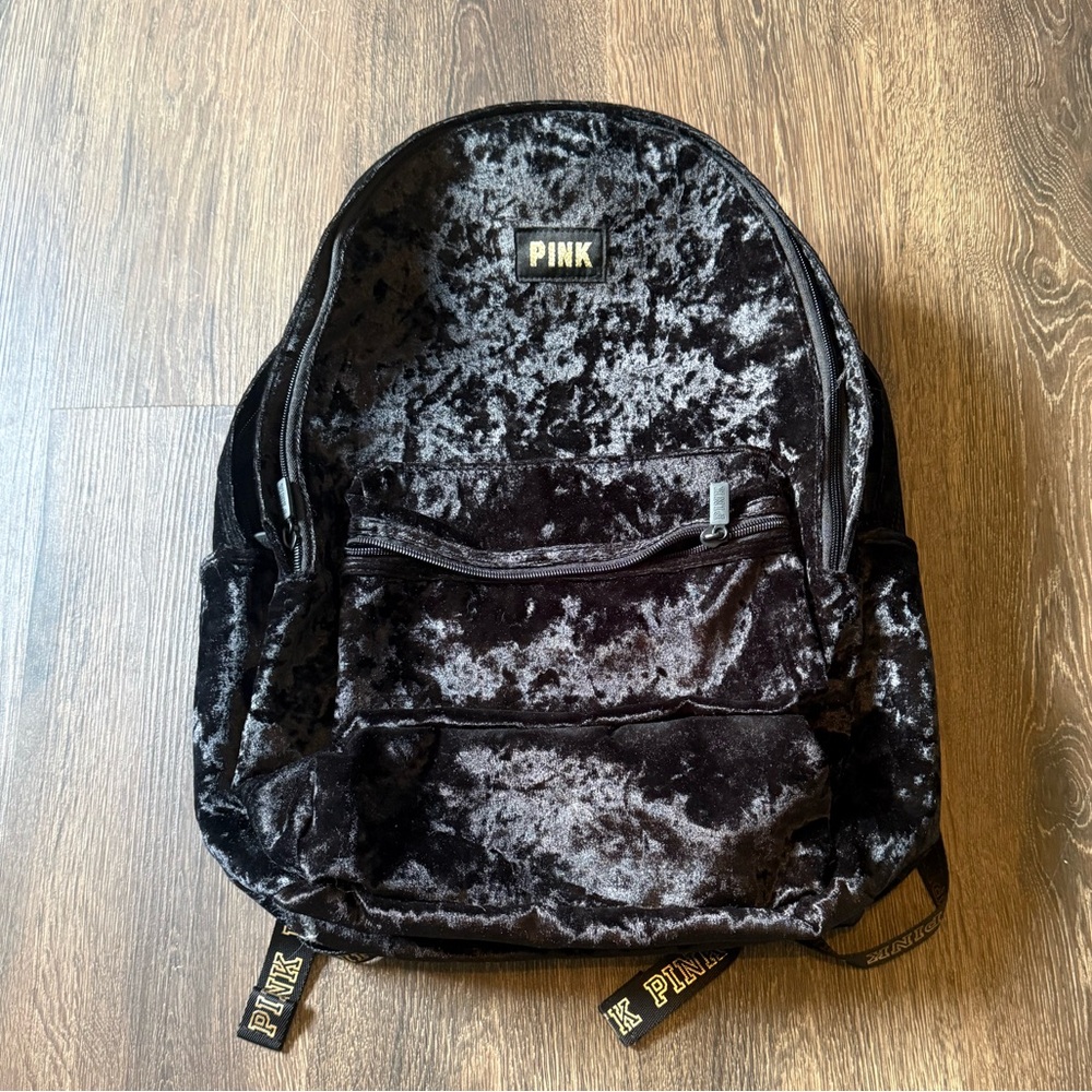 PINK Victoria's Secret Black Crushed Velvet Backpack